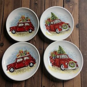 Maxcera Red Car Christmas Appetizer Plates Set of 4